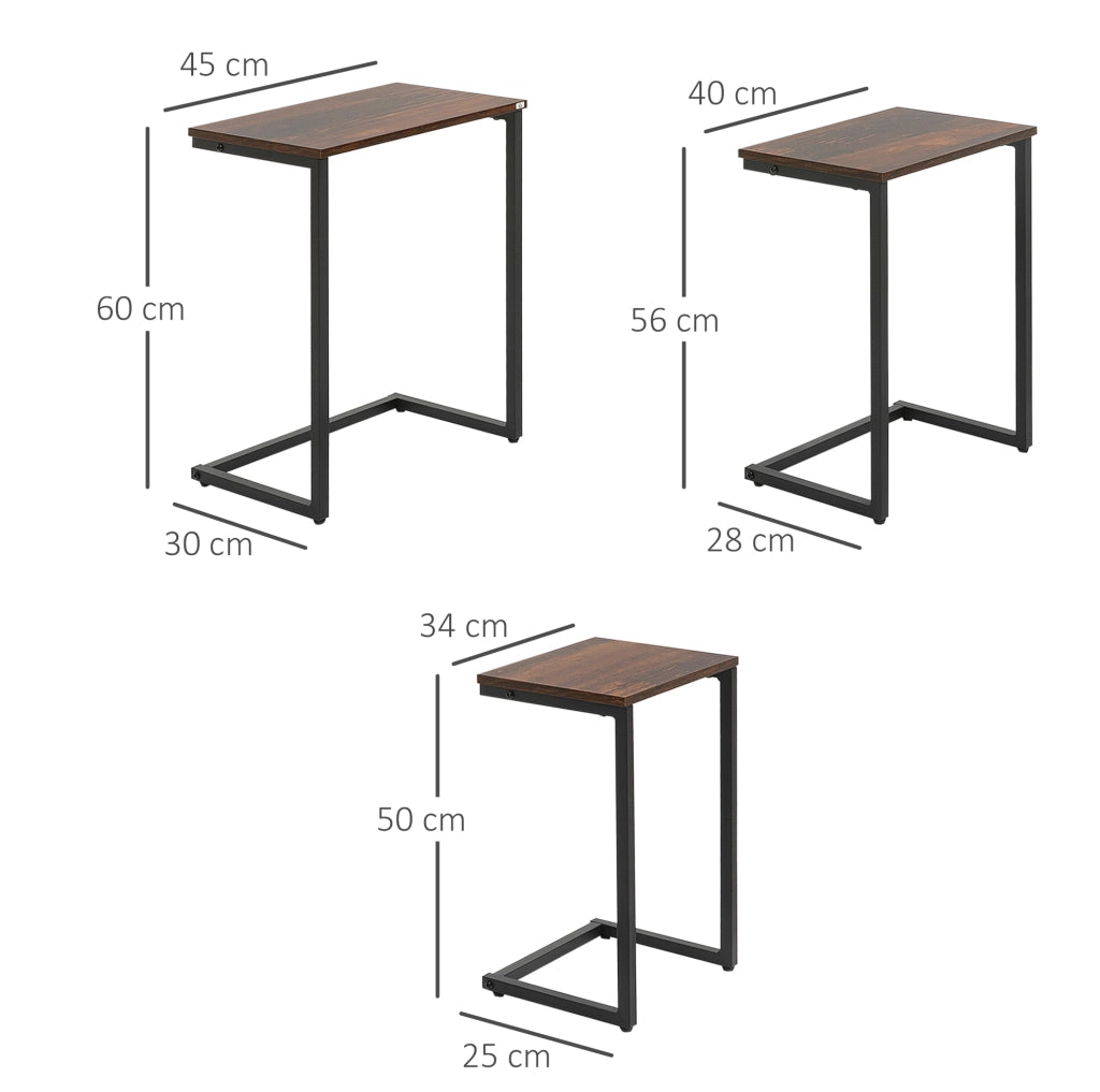 Set di 3 tavolini impilabili con piano in legno e struttura in acciaio; marrone