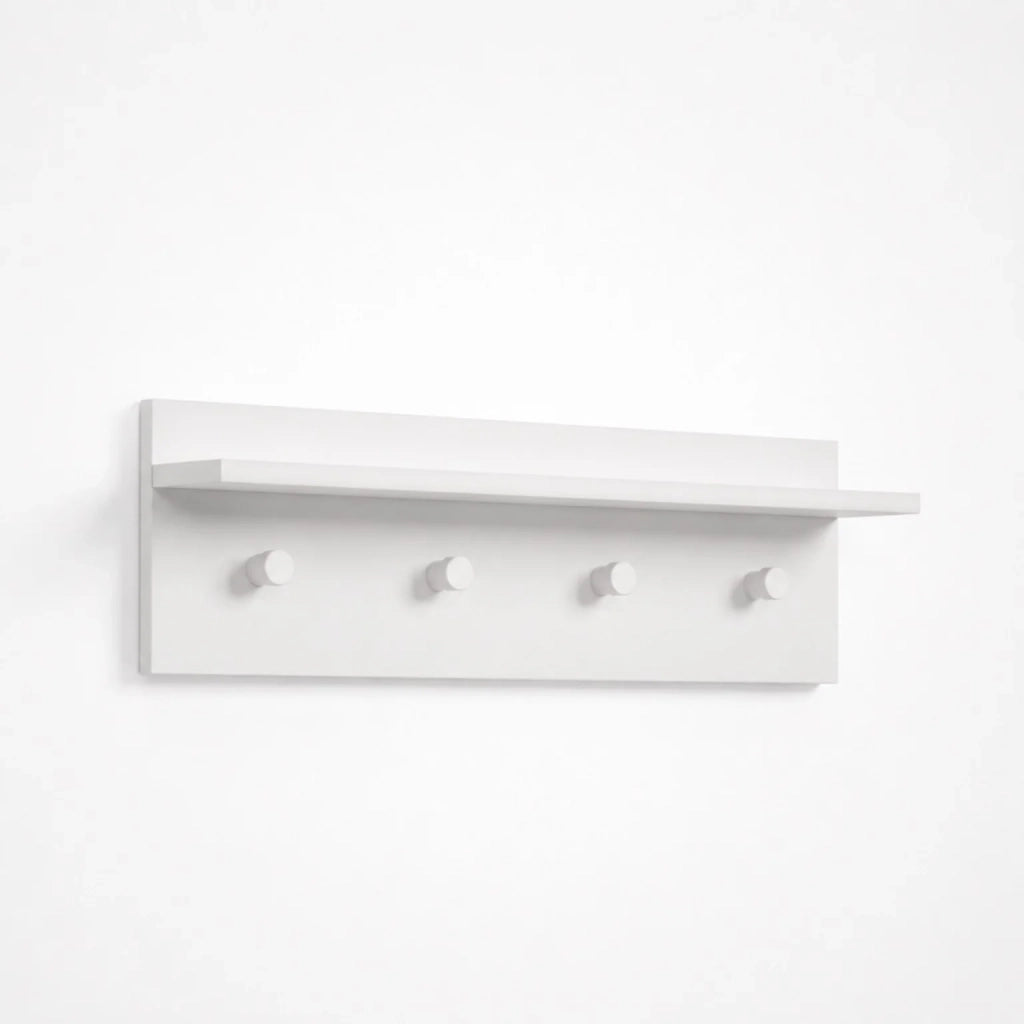 Appendiabiti da Parete con 4 Ganci e Mensola | Attaccapanni Moderno Bianco Salvaspazio per Ingresso, Corridoio e Camera | Organizer da Muro 80x15x23 cm