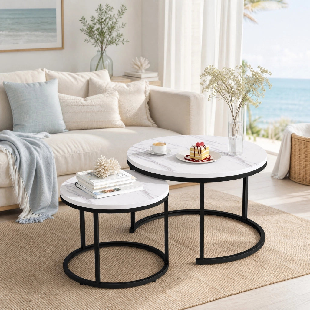 TAVOLO DA CAFFÈ Set da 2 tavoli rotondi impilabili MDF effetto marmo bianco