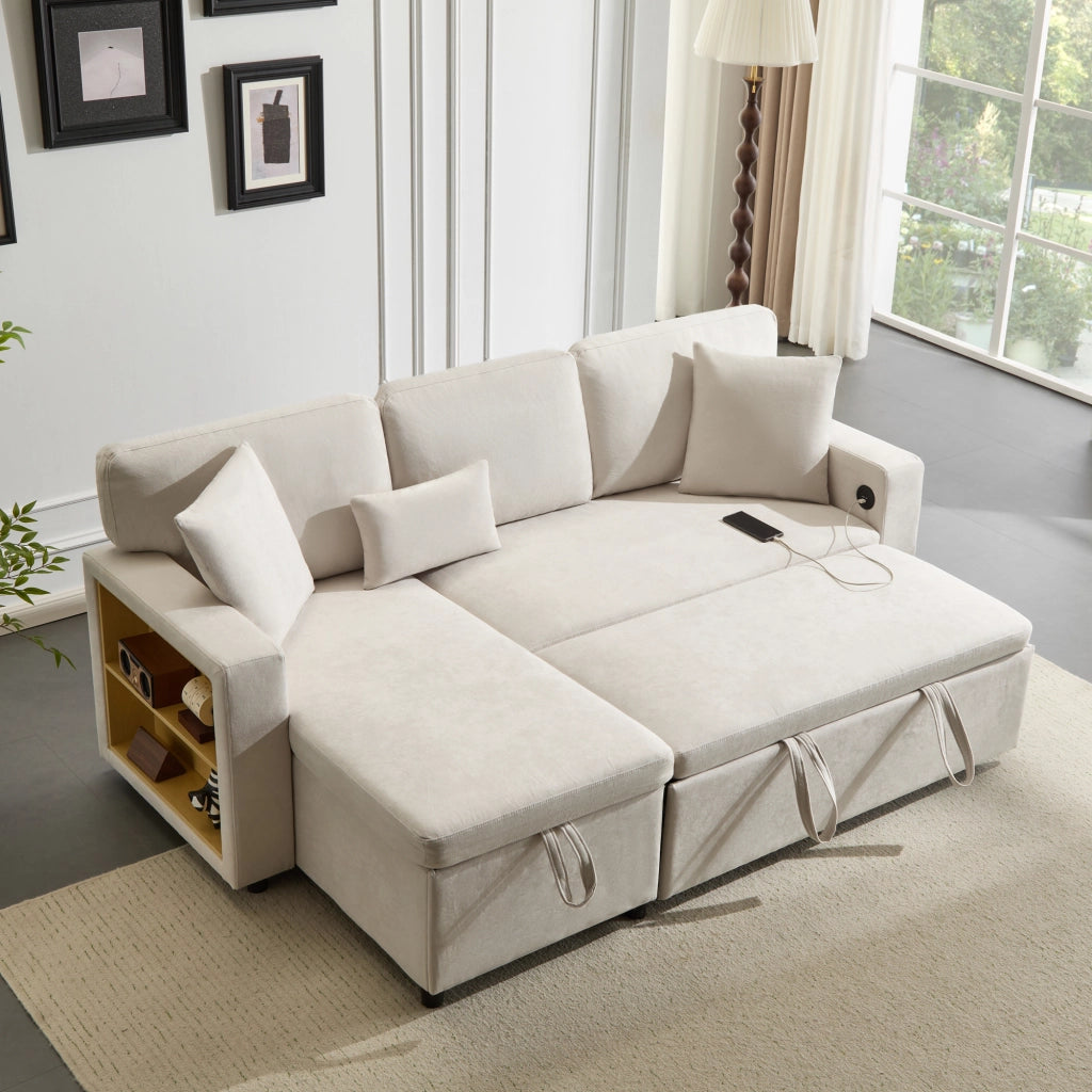 Divano angolare letto estraibile - Zephmum- Forma L cassetto scaffale integrato beige