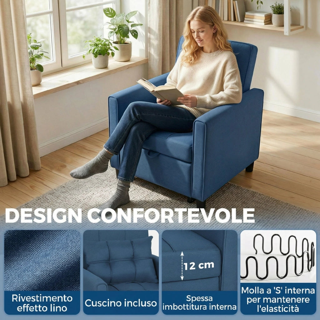 Poltrona Letto Pieghevole con Schienale Regolabile e Cuscino, Blu