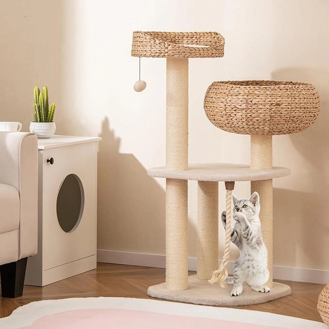 Tiragraffi per Gatti Piccoli, Tiragraffi con Cuccia, Piattaforma, Pallina e Palo in Sisal Naturale, Albero per Gatti da Divano, Salotto e Camera da Letto (Bianco)