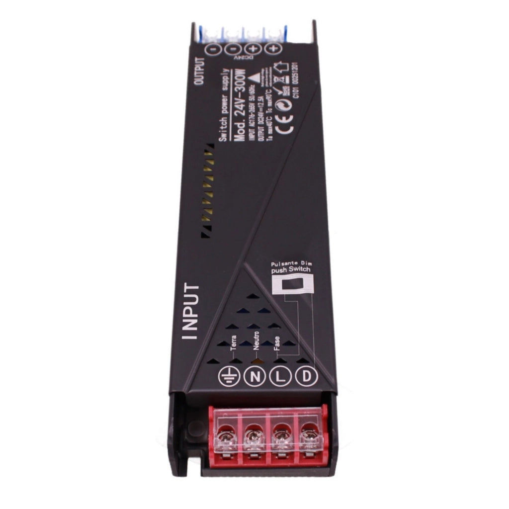 Alimentatore Trasformatore 24V Push Dimmer, Dimmerabile Con Pulsante NO (10-100%), Memoria Dopo Blackout, Spegnimento Soft, 2 Uscite, Input 220V IP20, Disponibili 100W 200W 300W 400W (300W)