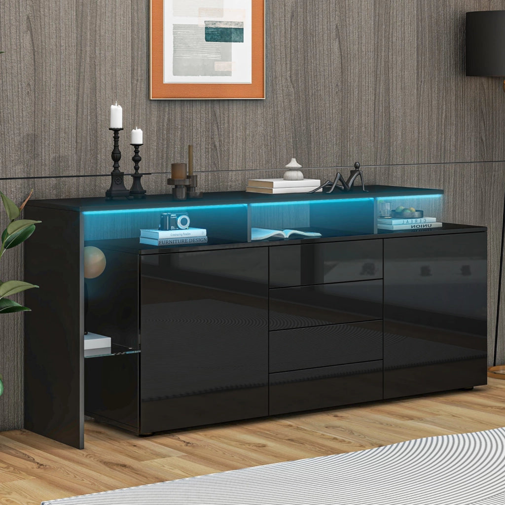 Madia con 2 Ante; 4 Cassetti; 2 Vani Aperti e LED per Soggiorno in Pannello di Particelle Nero 160×35×70 cm