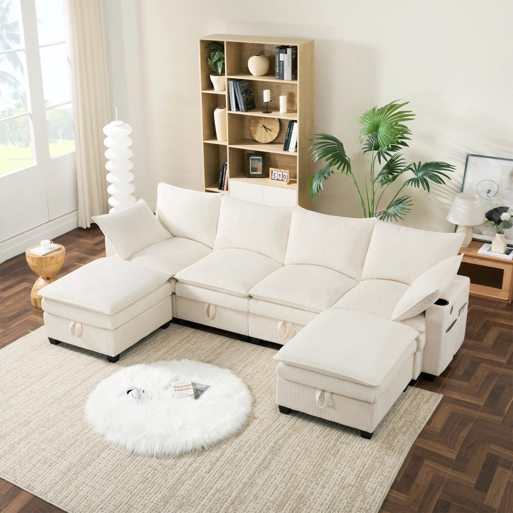 Divano modulare angolare 5-6 posti - con USB e contenitore - in corduroy beige