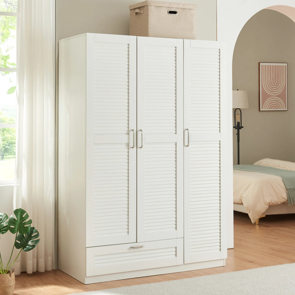 Armadio Guardaroba Finning con Ante a Persiana e Cassetto 176 x 120 x 52 cm Bianco [en.casa]