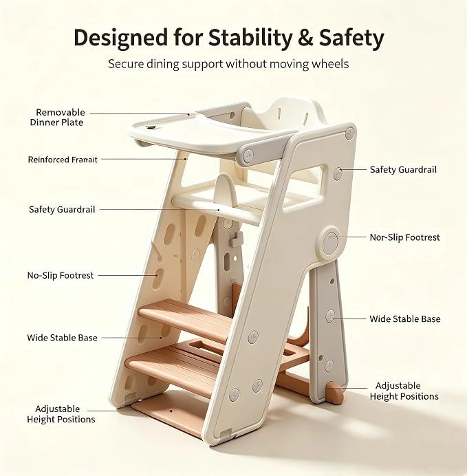 Torre apprendimento pieghevole 1-5 anni; sgabello cucina regol. 3 in 1 vassoio/seduta; antiscivolo/antiribalt.; portata max 50 kg–Bianco/Grigio