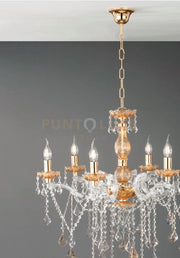 LAMPADARIO DAMASCO 12 LUCI AMBRA E ORO ATTACCO E14 D.90CM