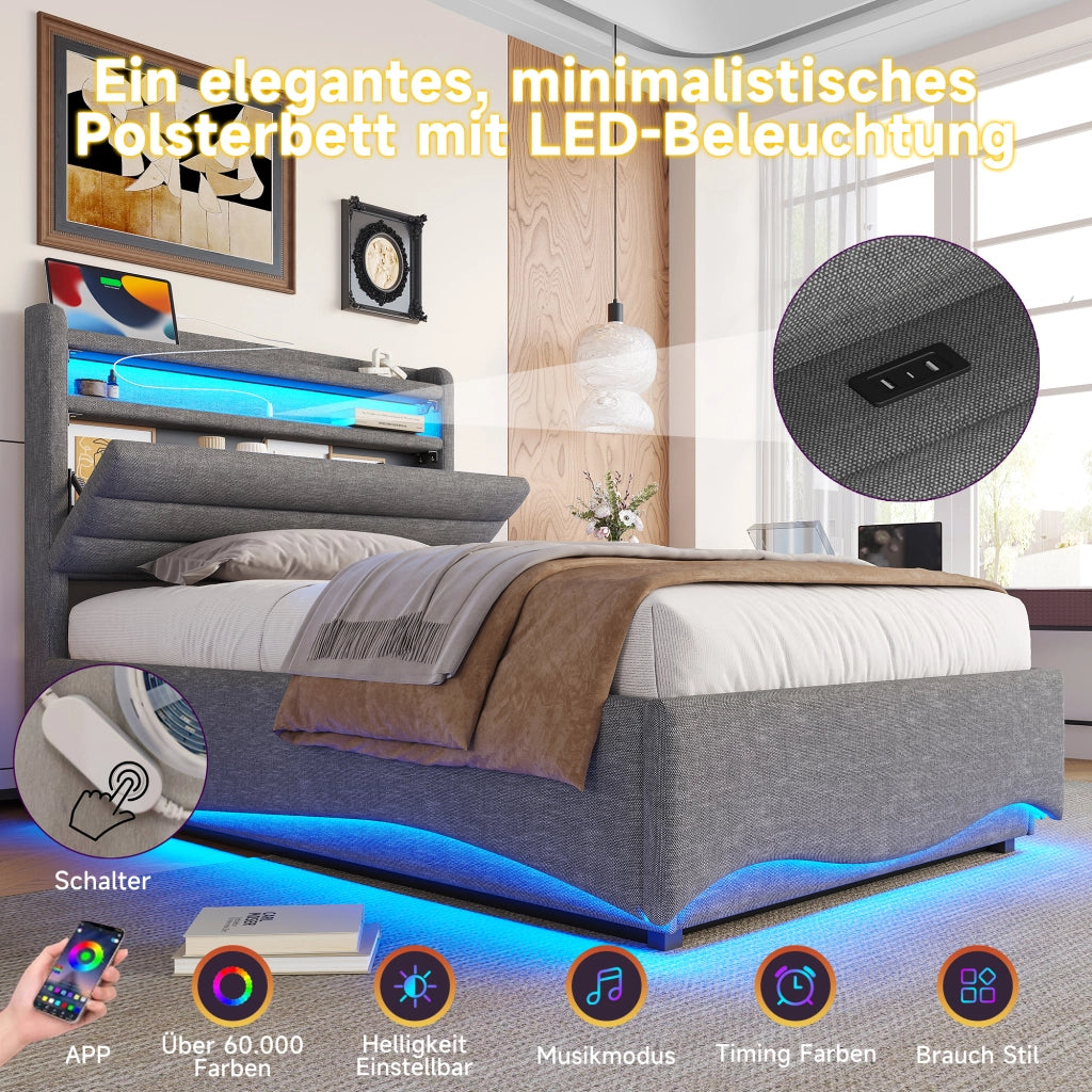 DESMIU Lit 90 × 200 cm con LED, USB, Type-C, vano idraulico, senza materasso, in lino, grigio