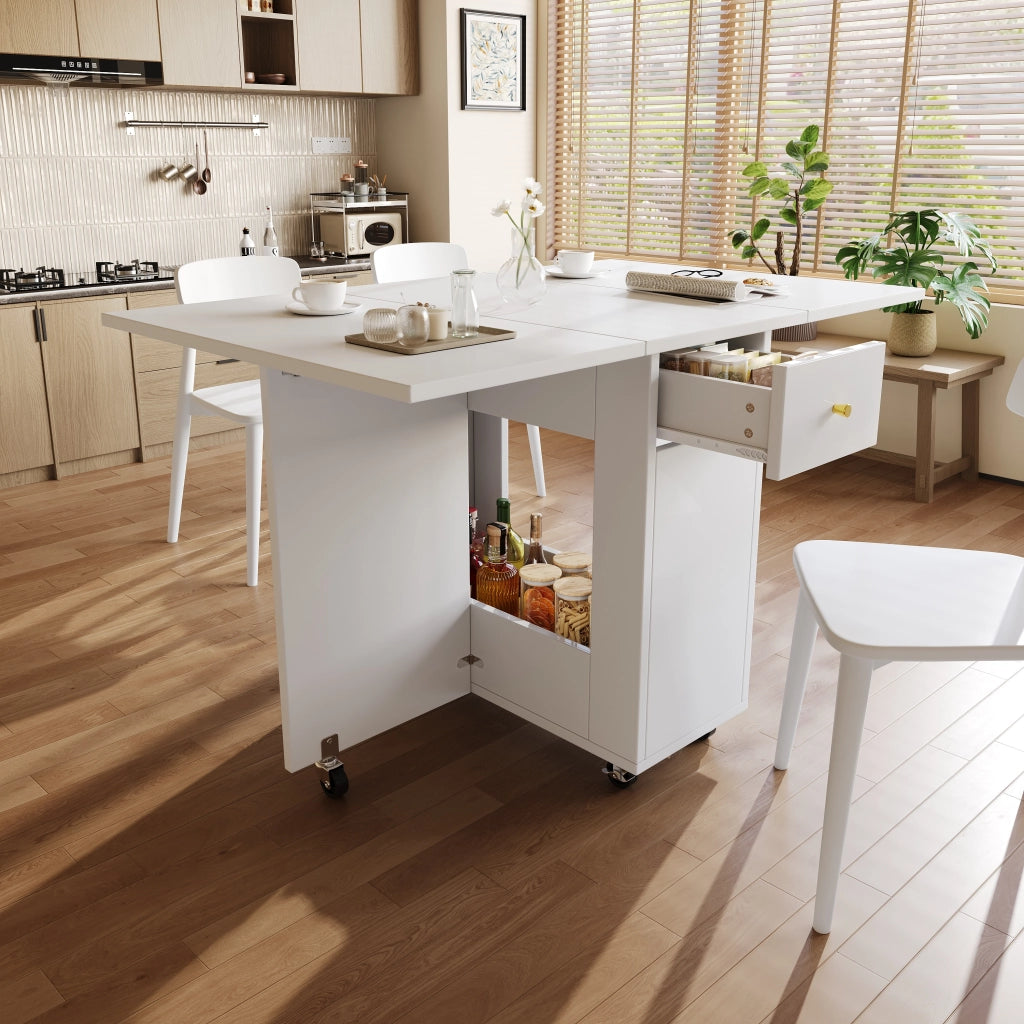 Tavolo da pranzo pieghevole con ripiani aperti, 2 cassetti e ruote, per cucina e soggiorno, bianco, 120 × 75 × 75 cm