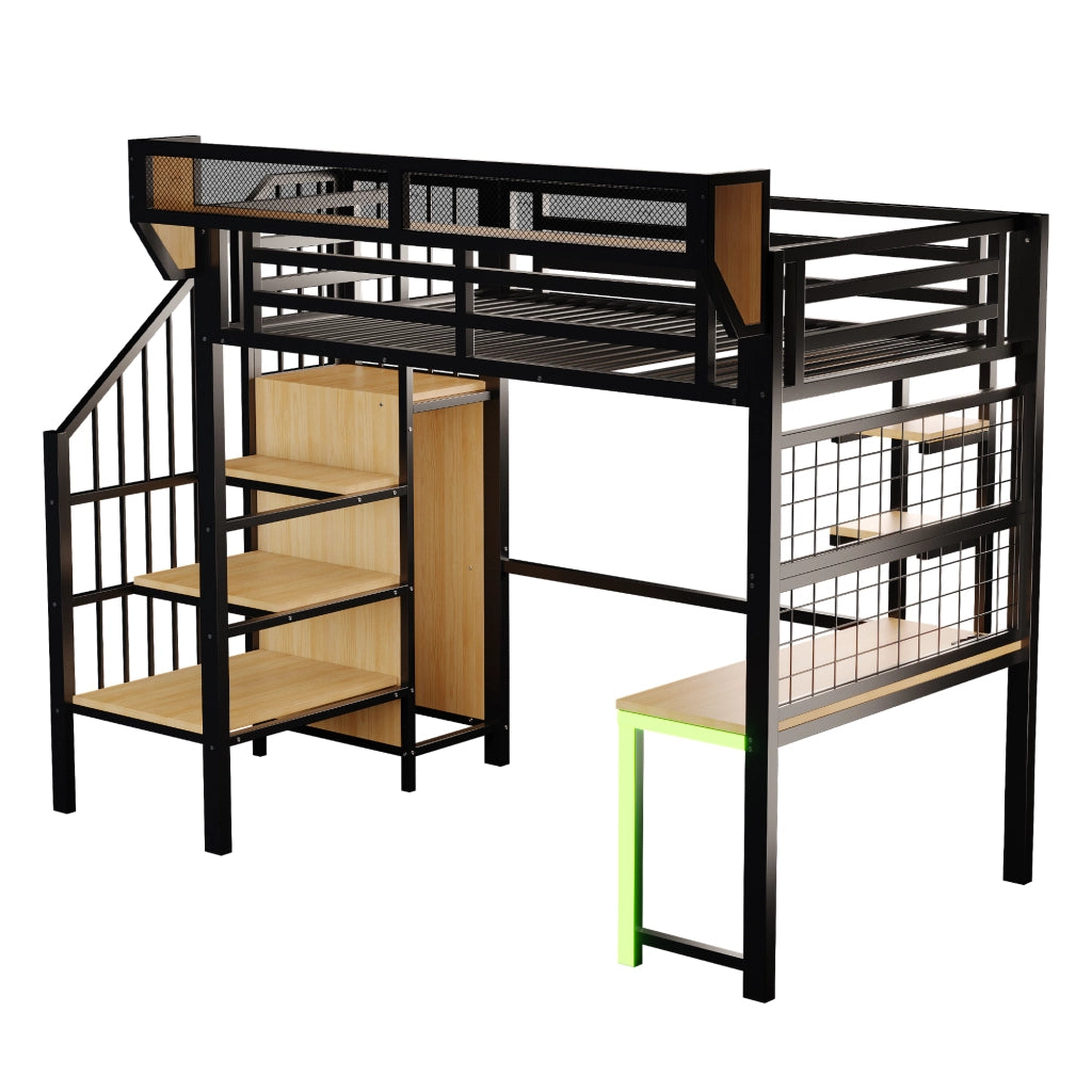 Letto a soppalco 90 × 200 cm con scrivania, ripiani, LED e prese, senza materasso, metallo nero