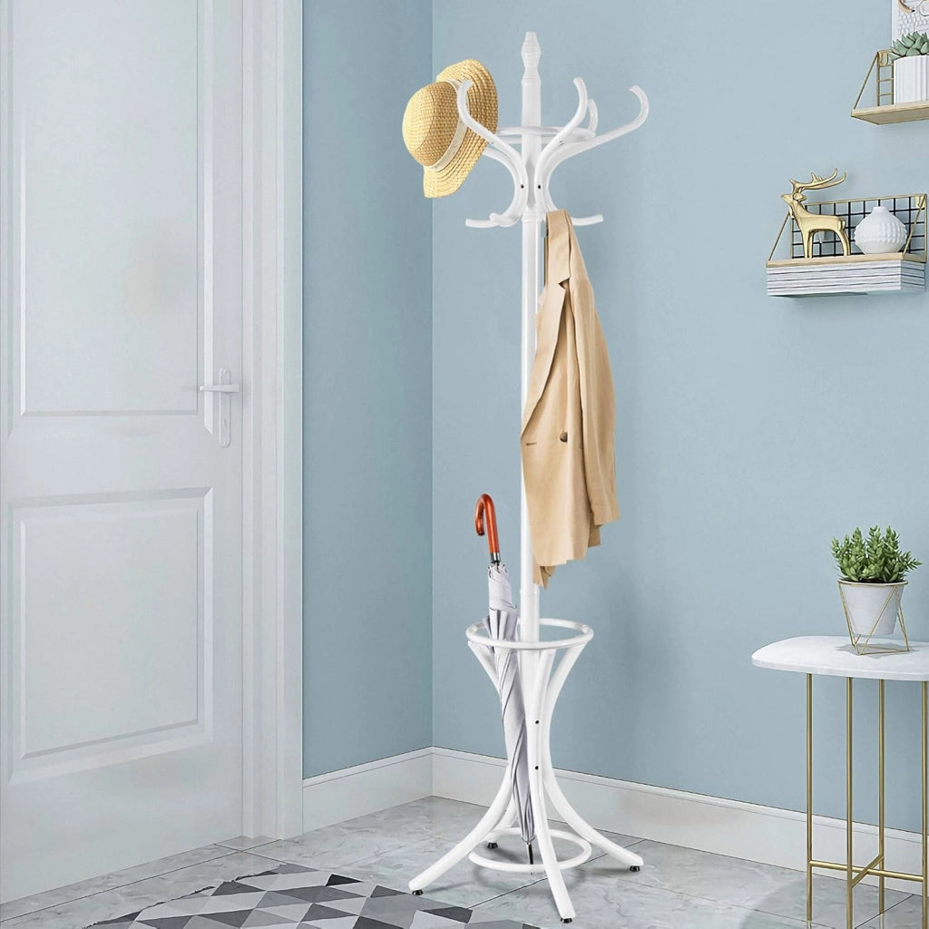 Appendiabiti da 184 cm, Scaffale per Abiti e Cappelli, Appendiabiti in Legno con 12 Ganci, Supporto per Ombrellone, Portabiti Autoportante, per Ingresso, Ufficio, Soggiorno (Bianco)