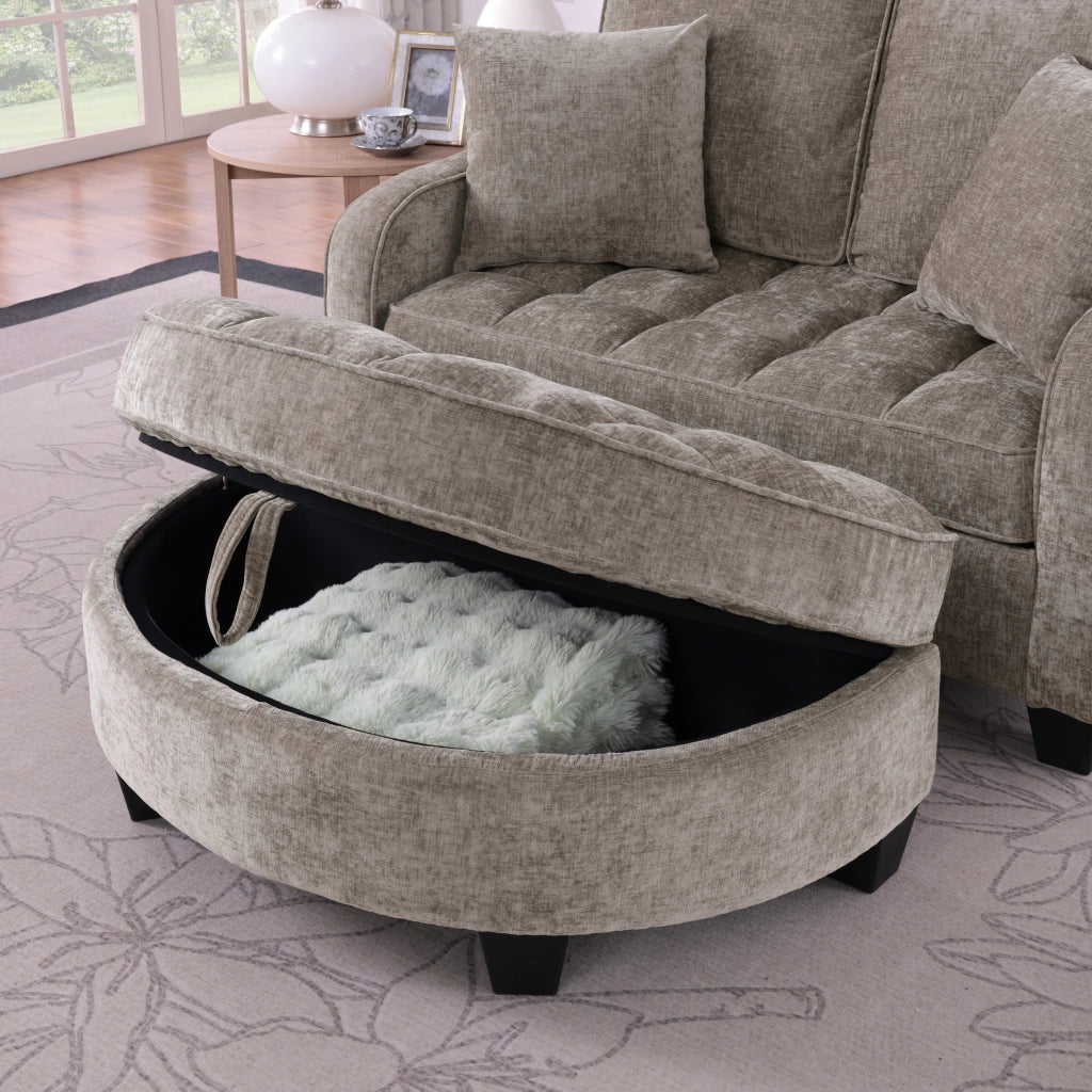 Divano Letto 2 Posti con Funzione Letto e Pouf Contenitore, Design Compatto, in Tessuto ed Eucalipto, Marrone