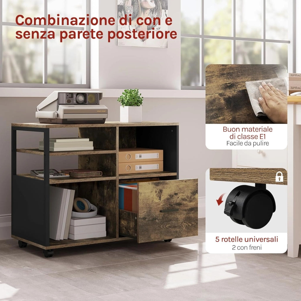 Schedario da Ufficio con 4 Scomparti a Giorno, Mobile da Ufficio per Documenti con Ruote, Mobile Vintage per Stampante con 1 Cassetto, in Legno e Metallo, Marrone Rustico e Nero, ASK05hov
