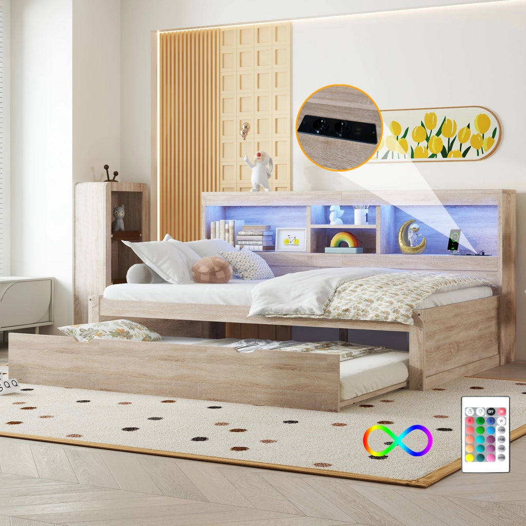 OKWISH Letto a Divano 90×200 cm, Letto Singolo con LED Regolabile, Presa e USB, Letto Estraibile 90×190 cm, senza Materasso, Naturale