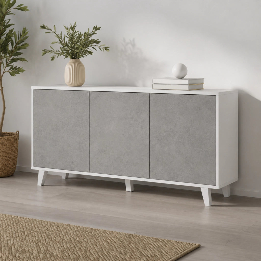 Credenza Gijòn Mobiletto Madia Con 3 Ante Battenti Senza Maniglie In Melaminico Per Soggiorno Salotto E Sala Da Pranzo 154 X 41 X 75 Cm Bianco E Grigio Cemento