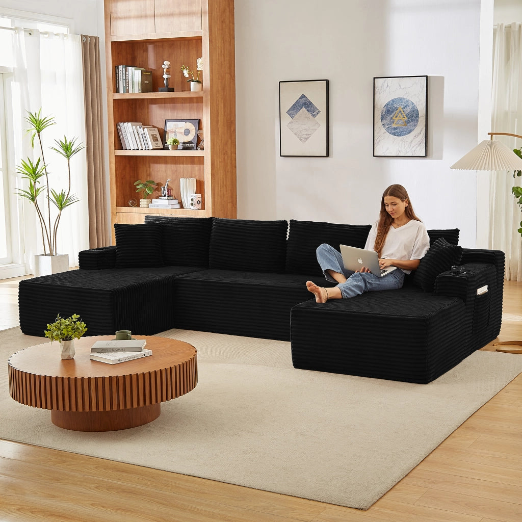 Divano modulare a U in velluto a coste per soggiorno senza montaggio con seduta profonda e design ergonomico nero