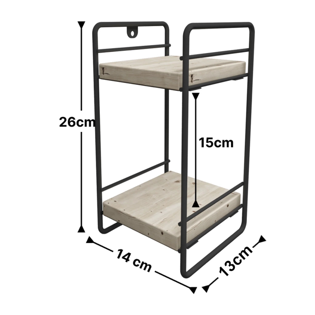 Scaffale dal design senza tempo per soggiorno/camera da letto mobiletto portaoggetti da tavolo a 2 ripiani metallo e legno di pino 26 x 14 x 13 cm nero naturale 03_0011185