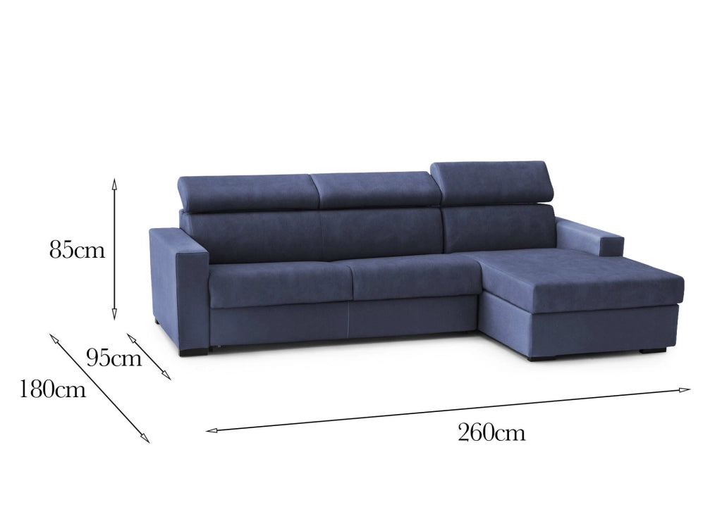 Divano fisso Angera, Divano ad angolo, Made in Italy, SofÒ  Soggiorno con chaise longue, in tessuto imbottito - Penisola contenitore Destra, con Braccioli slim, cm 260x95h85, Blu
