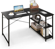 Scrivania Libreria da Ufficio a Forma di L, Scrivania ad Angolo con Scaffale a 2 Ripiani, Design Industriale con Ripiani Reversibili, per Casa, Ufficio, Soggiorno (Nero)