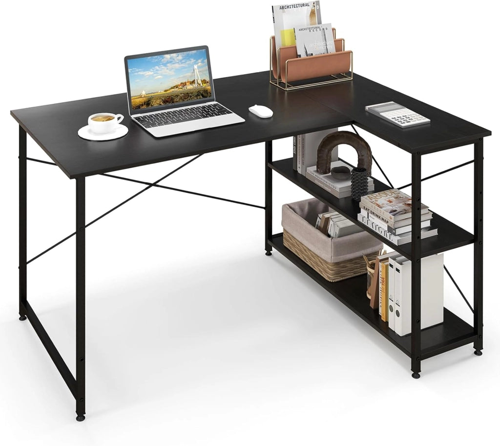 Scrivania Libreria da Ufficio a Forma di L, Scrivania ad Angolo con Scaffale a 2 Ripiani, Design Industriale con Ripiani Reversibili, per Casa, Ufficio, Soggiorno (Nero)