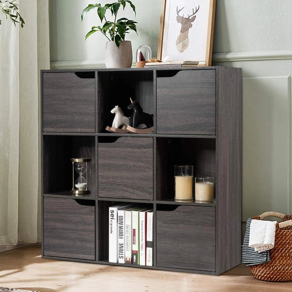 Scaffale Portaoggetti Guardaroba Mensola Libreria in Legno Mobile con 9 Cubi, Scaffale Cubo Porta Libri (Grigio-Marrone)