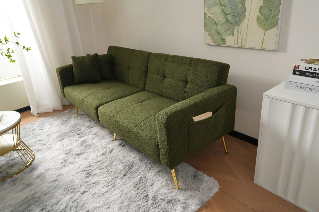 Divano Letto 2 Posti con Schienale Regolabile 105-180° e Tasche Laterali; Piedini Dorati in Tessuto Sherpa Verde Antico