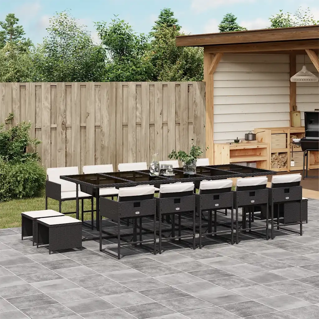 Set da Pranzo da Giardino 15 pz con Cuscini Nero in Polyrattan 3211350