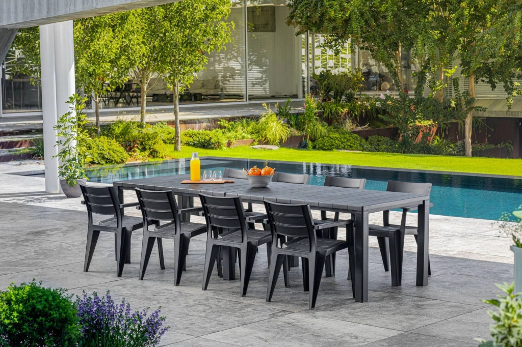 Tavolo da esterno Brossard, Base per picnic, Piano da pranzo da giardino, Banco outdoor multiuso, 294x90 h75 cm, Antracite