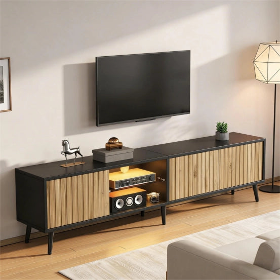 Mobile TV LED Lowboard ¨C Xylo ¨C Legno Naturale e Nero, 175x31x43 cm, Vetro Temperato, per 75 Pollici