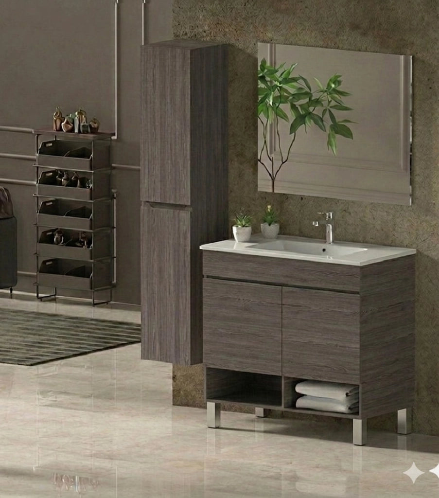Mobile Bagno NEBARI com gambe Già Montato 2 portas, lavabo e specchio Rovere affumicato 60x35 cm con colonna