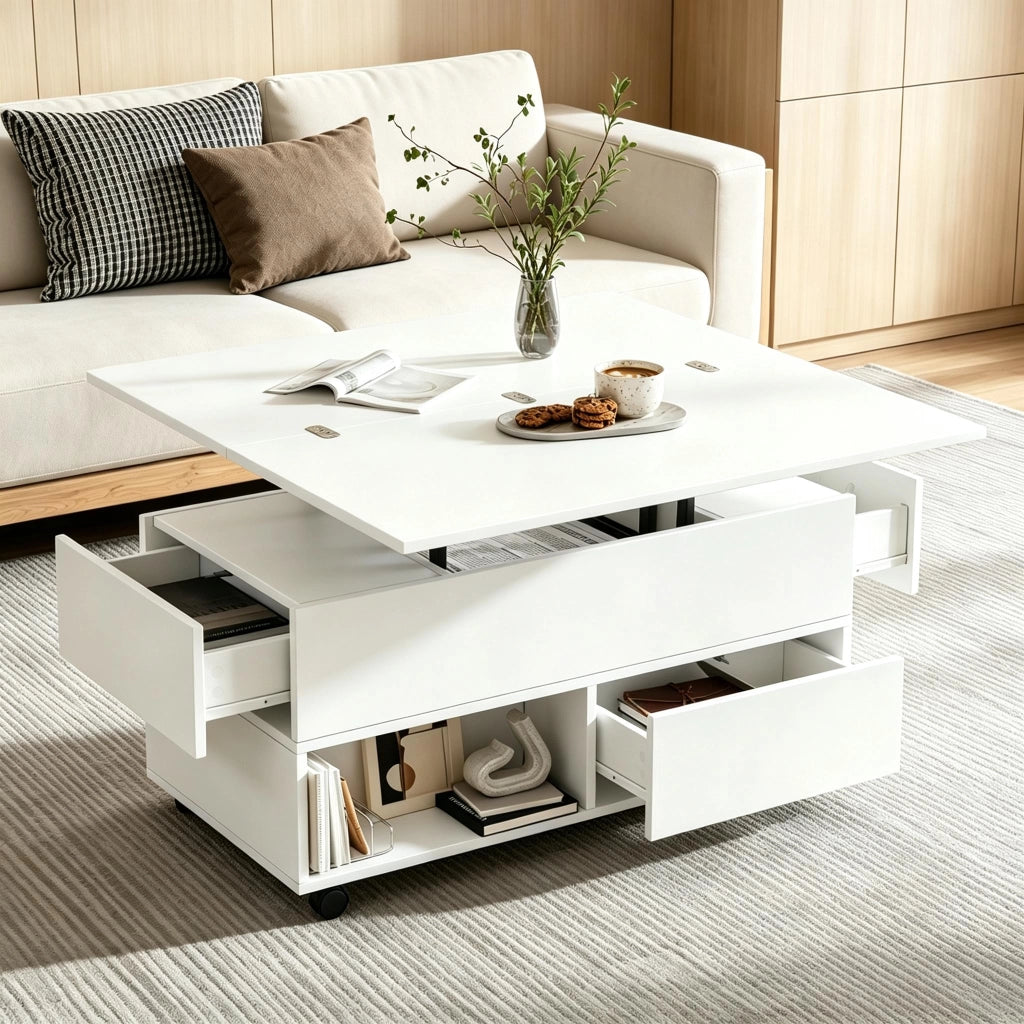 Tavolino da salotto regolabile in altezza, multifunzionale 3 in 1 con 4 cassetti, ruote e vano contenitore, bianco, 100x50x52 cm
