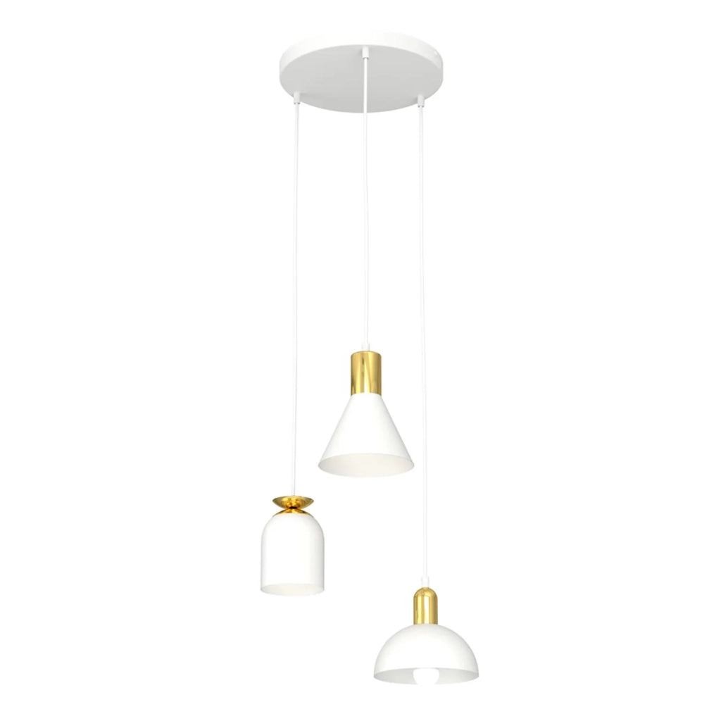 Lampadario 3 Luci Bragi Base Tonda Acciaio E Paralumi Forme Varie Bianco Oro