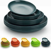 Set di piatti in plastica, 12 pezzi, piatti piatti, 3 misure, 15,5/19,5/23,5 cm, servizio di plastica riciclabile e resistente a microonde e lavastoviglie