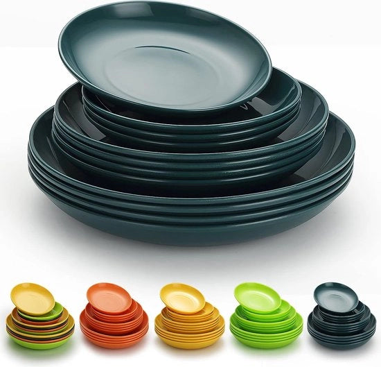 Set di piatti in plastica, 12 pezzi, piatti piatti, 3 misure, 15,5/19,5/23,5 cm, servizio di plastica riciclabile e resistente a microonde e lavastoviglie