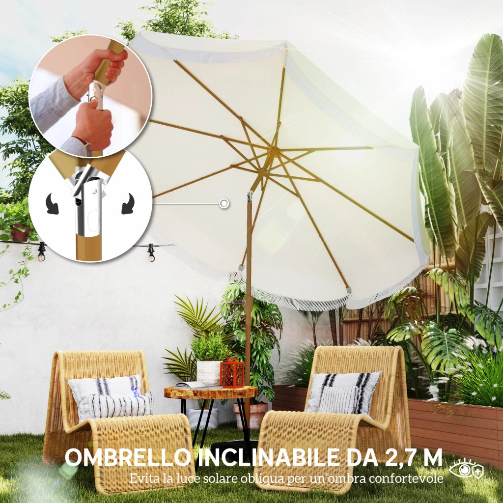 Ombrellone da Giardino Rotondo 2.7x2.4 m con Manovella, in Metallo e Poliestere, Beige