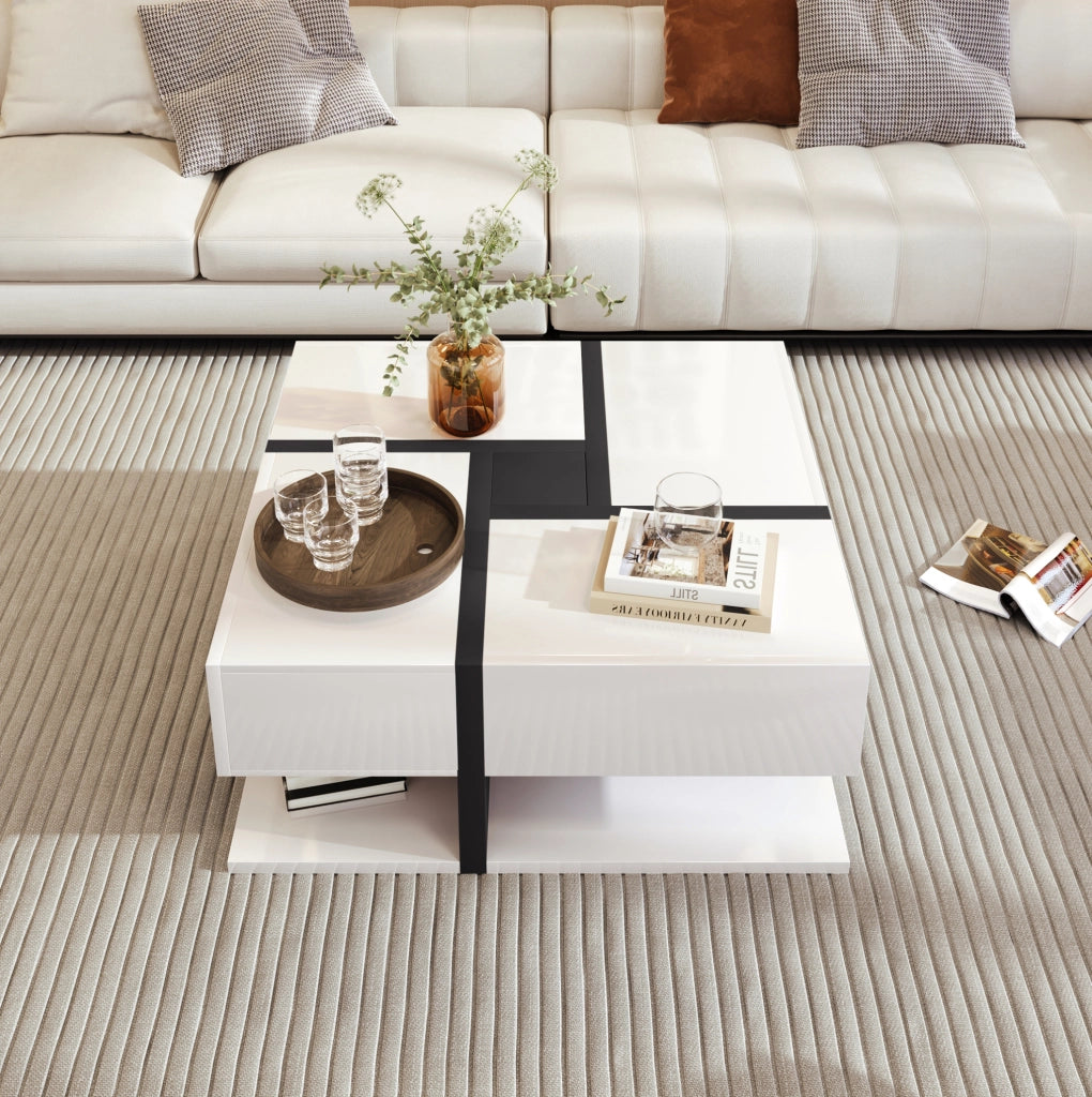 Tavolino da caffè quadrato con 4 cassetti; 78x78x36 cm; in truciolare bianco e nero lucido