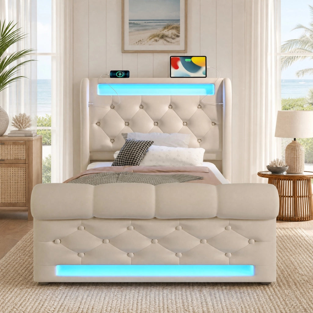 LETTO Imbottito con LED e USB/Type-C 90x200 cm Velluto Beige