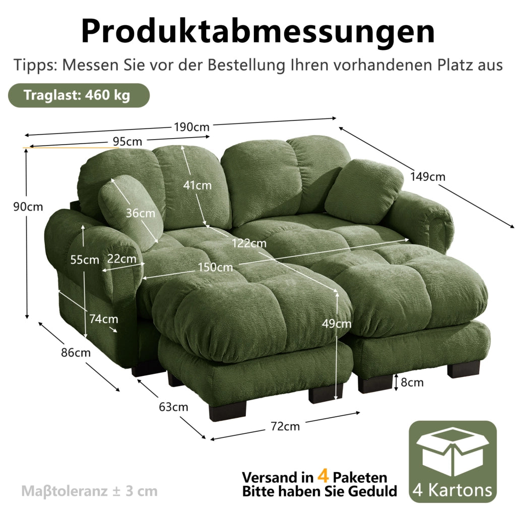 Divano 2 posti in chenille verde con pouf modulare e cuscini imbottiti, dimensioni 190x149x90 cm