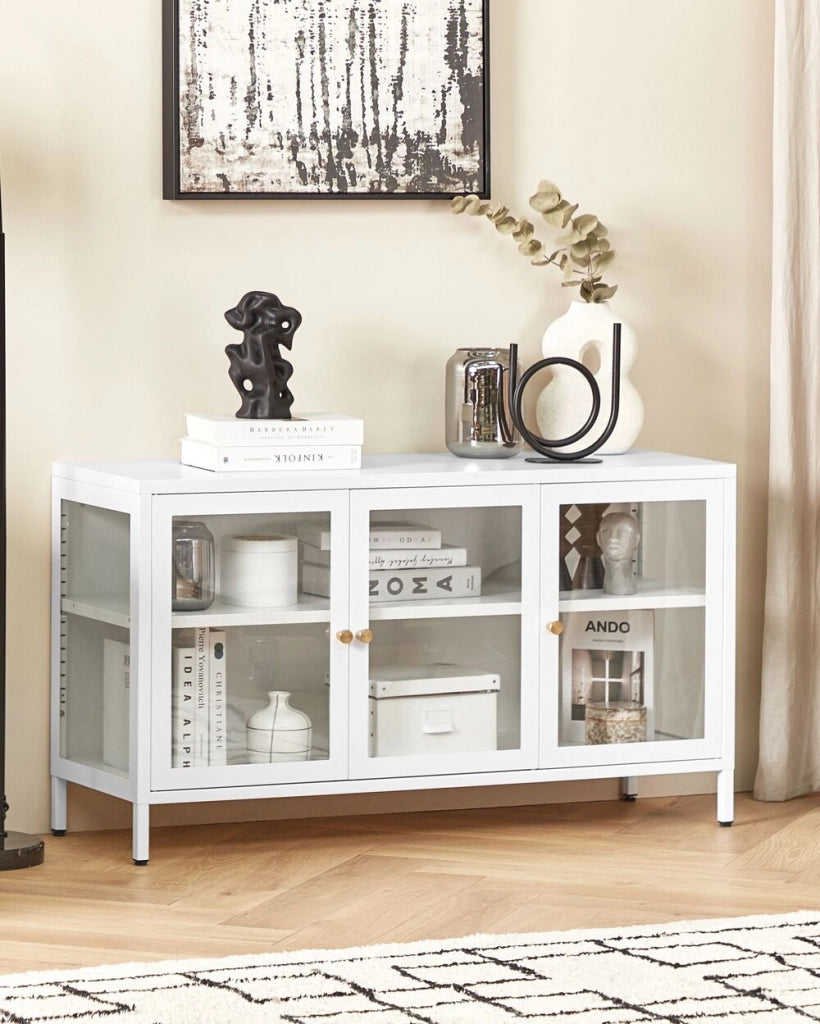 Credenza in metallo bianco 115 x 35 cm 3 ante ripiani in vetro temperato gambe soggiorno moderno