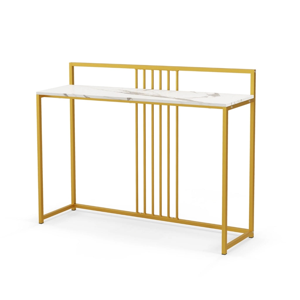 Tavolo da ingresso lungo 120cm, Consolle con piano effetto marmorino sponda struttura in metallo dorato Bianco-Consolle