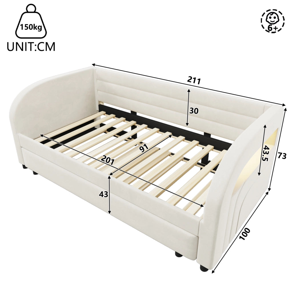 Letto imbottito singolo 90x200 cm con letto estraibile e LED laterale; flanella beige