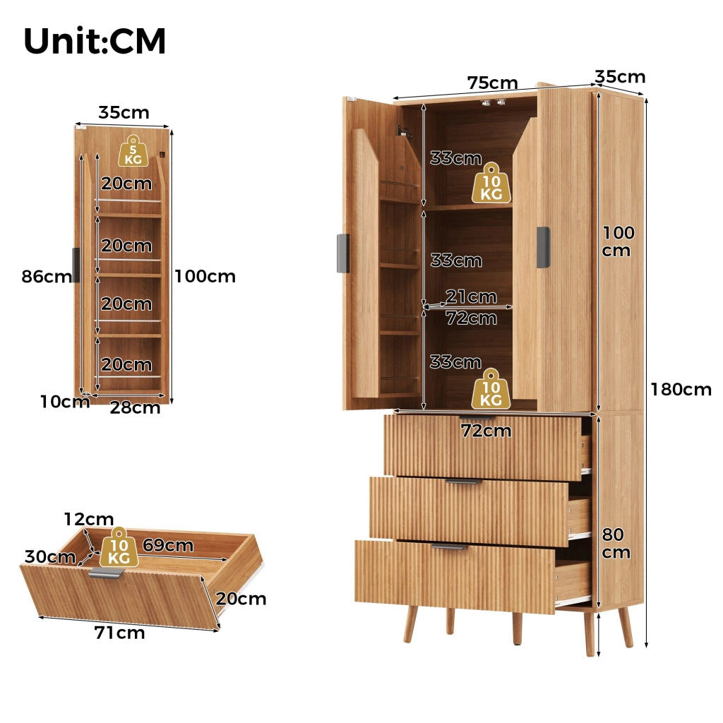Mobile dispensa con 2 ante e 3 cassetti; 75x35x180 cm; MDF naturale