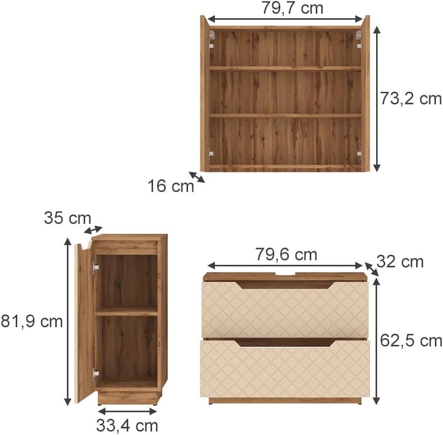 Set di mobili da bagno Lotta, Rovere/cashmere con struttura in piastrelle, 3 parti