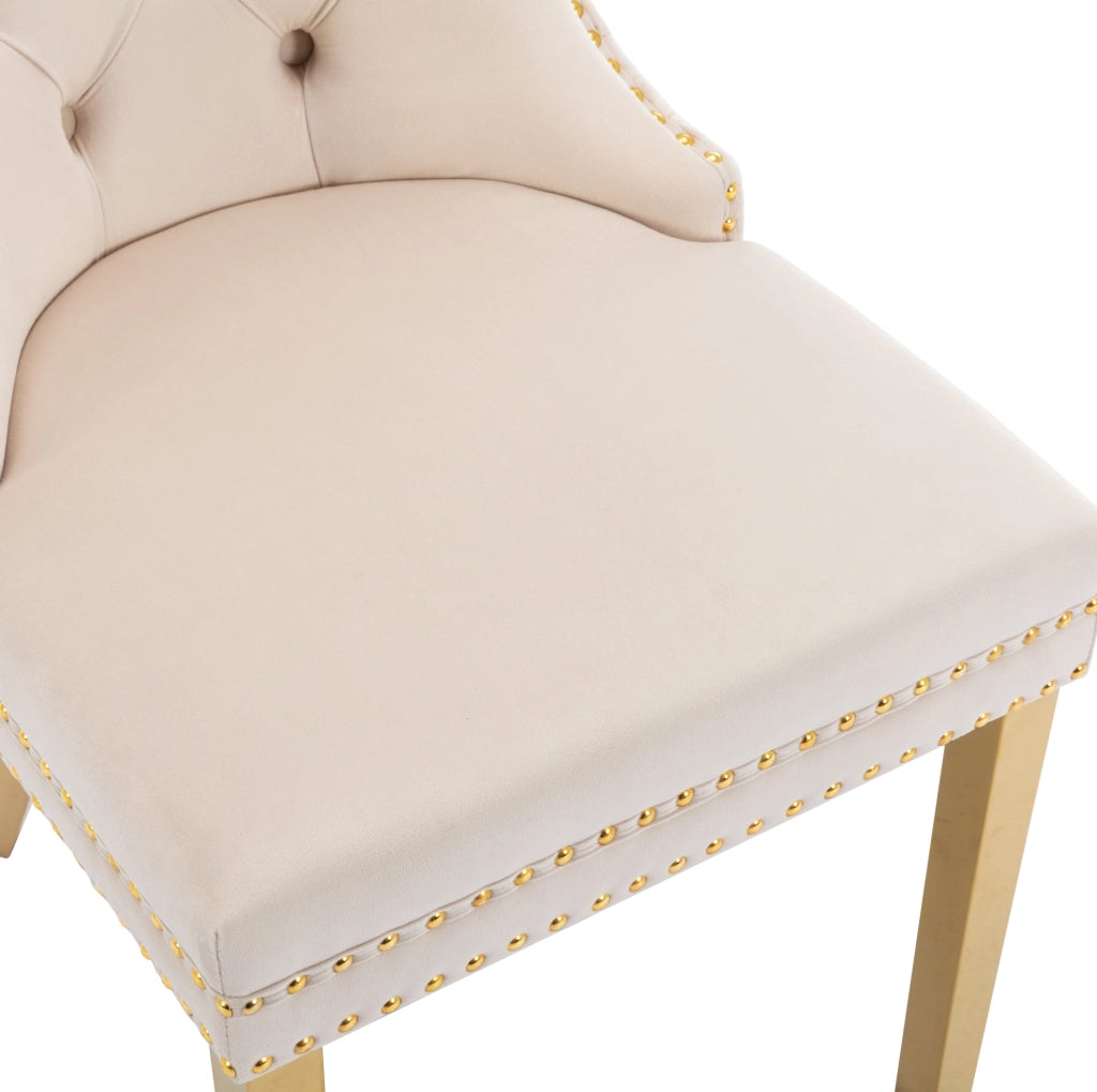 Sedia da pranzo imbottita in velluto beige e metallo dorato