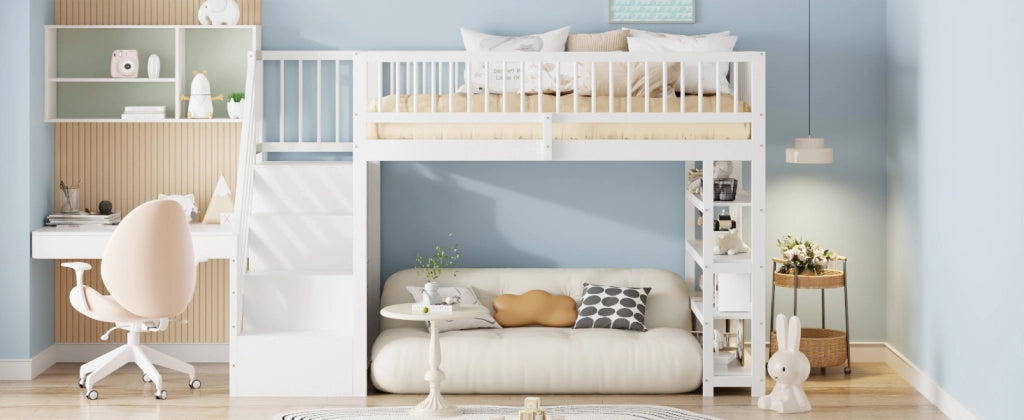 DESMIU Letto a soppalco Letto singolo 1 posto con armadio, scaffali e vano contenitore 90 × 200 cm, senza materasso