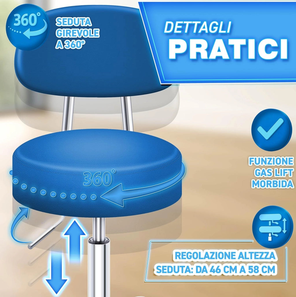 Sgabello con ruote con schienale blu, altezza regolabile da 46 a 58 cm, con ruote, sgabello girevole per cosmetici