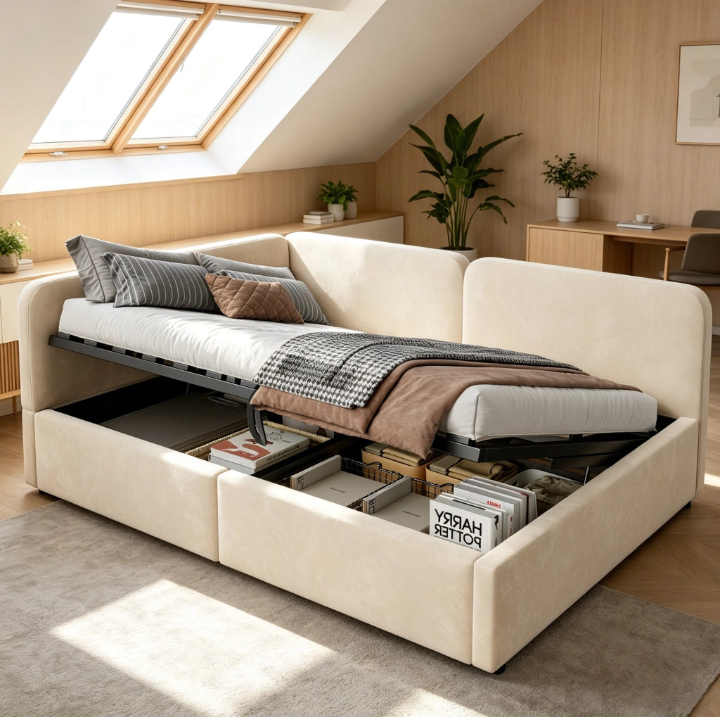 Letto divano imbottito 140x200 con vano contenitore idraulico beige