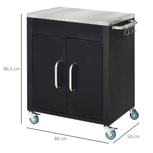 Carrello da cucina con ruote, armadietto, piano in acciaio inox, ganci cromati, nero 86x50x86,5 cm