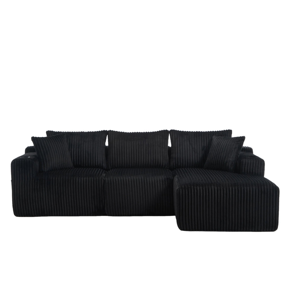 Divano modulare 257x160x62 cm con 5 cuscini; tasche laterali e portabicchieri in velluto a coste nero